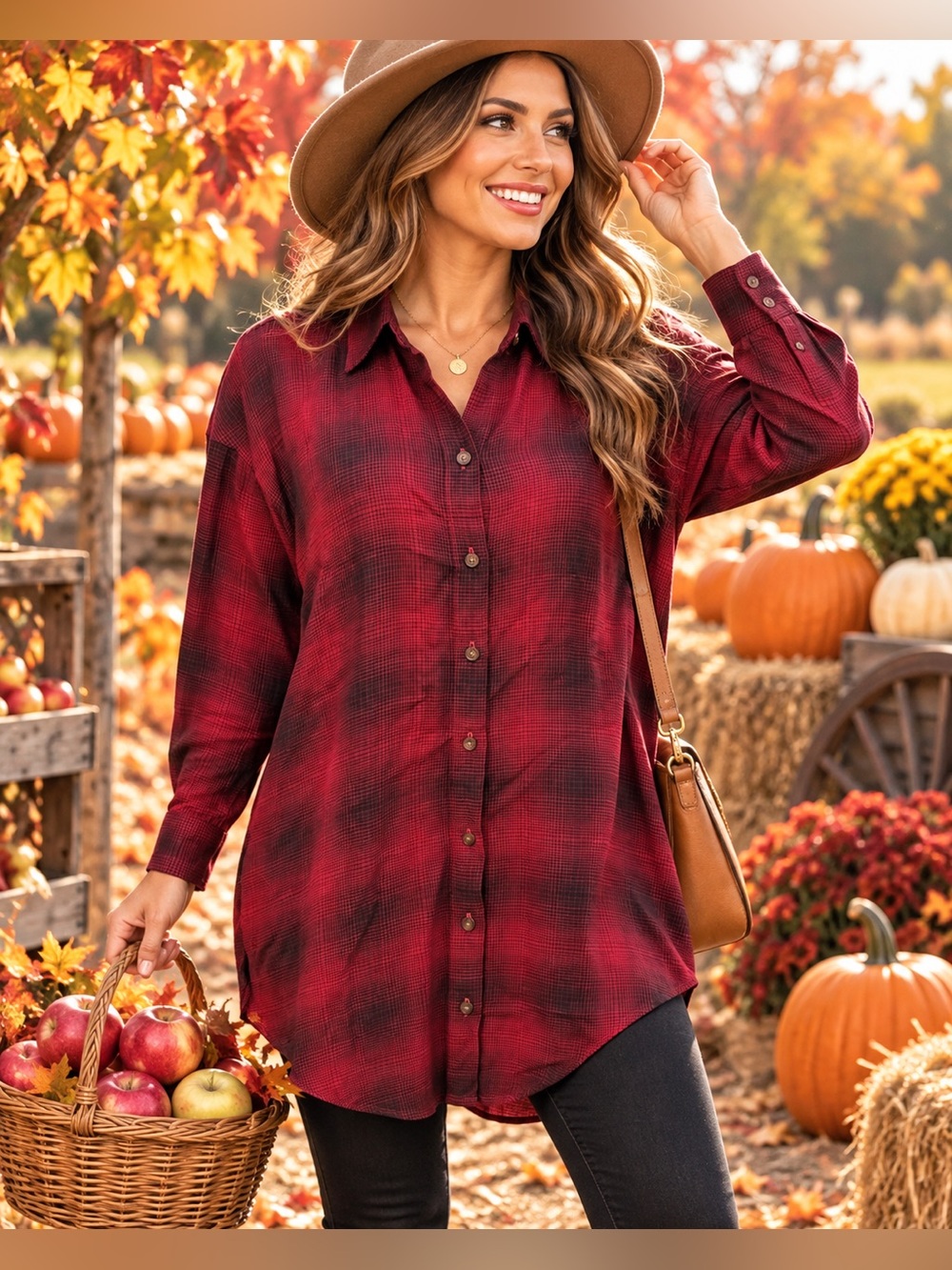 J. Jill Red & Black Plaid Button-Front Tunic Blouse – Size Large